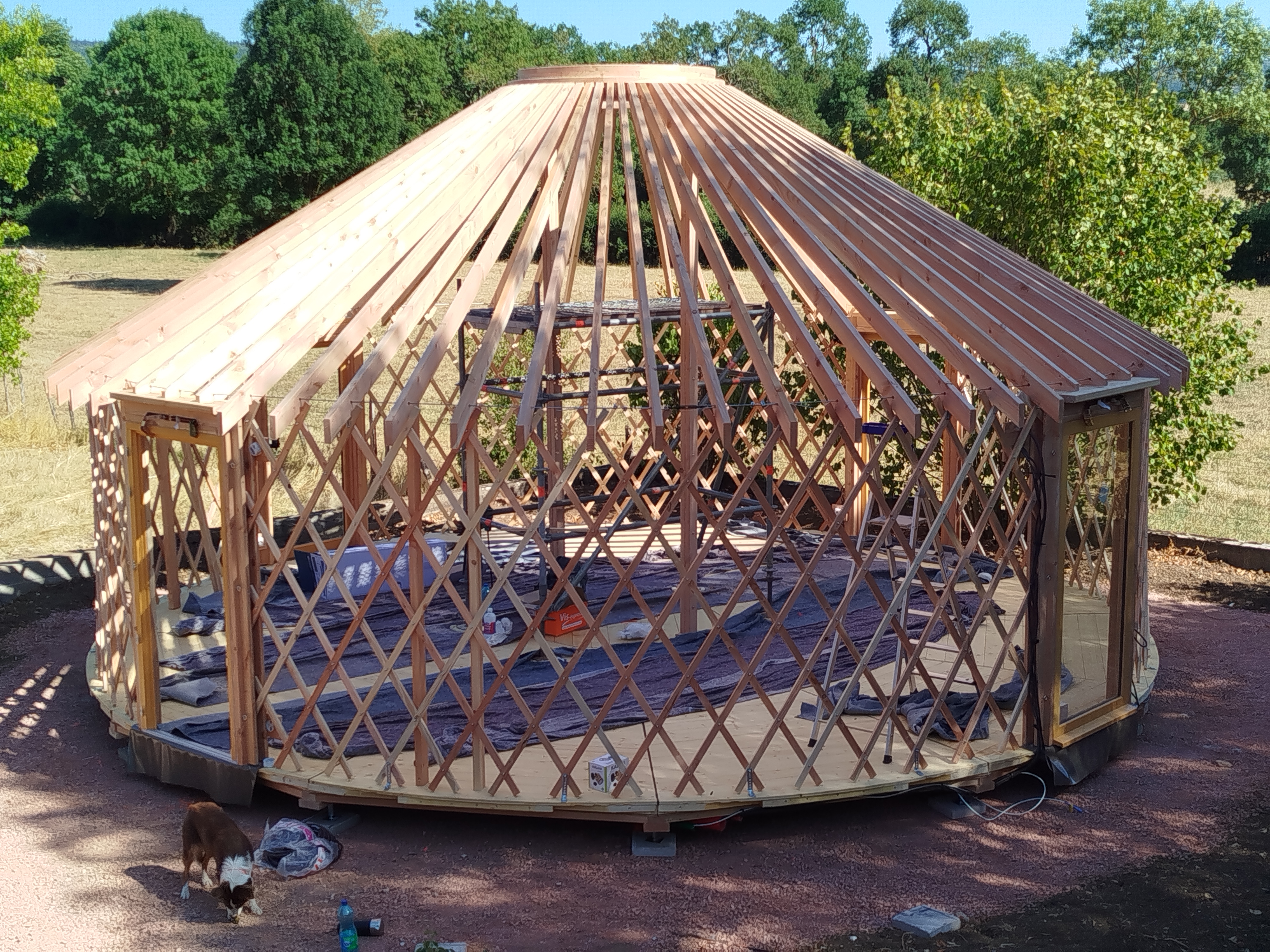 Structure bois d’une yourte en cours de montage